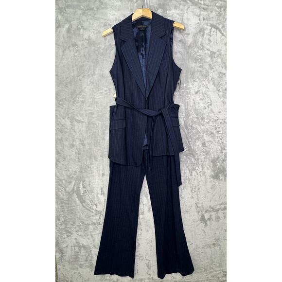 Worth New York Pantsuit Womens 10 Navy Blue Pinstripe Wide Leg Vest Belted Wool - Picture 1 of 16